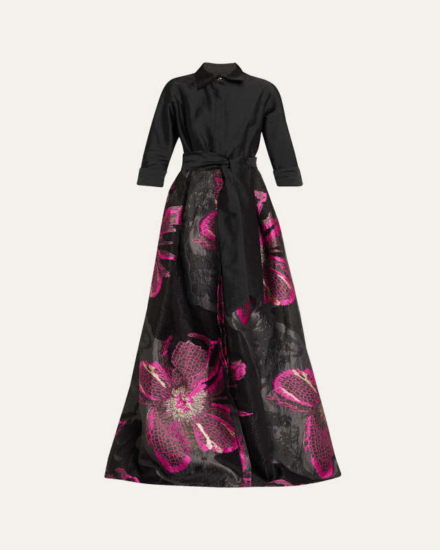 Metallic Floral Jacquard Shirt Gown